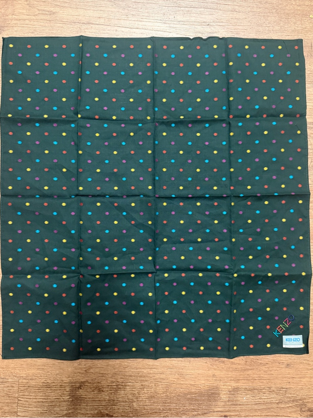 Vintage KENZO Paris Forrest Green Polka Dot Cotton Handkerchief Pocket Scarf